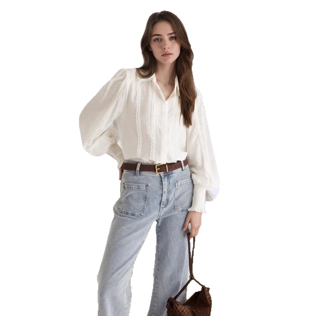 Lantern Sleeve Lace-trimmed White Blouse