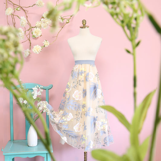 New Mesh Floral High Waisted Elastic Skirt