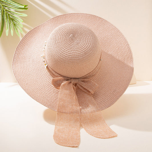 Summer Fashion Flower Linen Straw Hat Wide Brim Sunshade Japanese Style