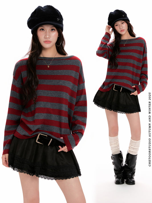 Women's Red-striped Long-sleeve Knit Sweater