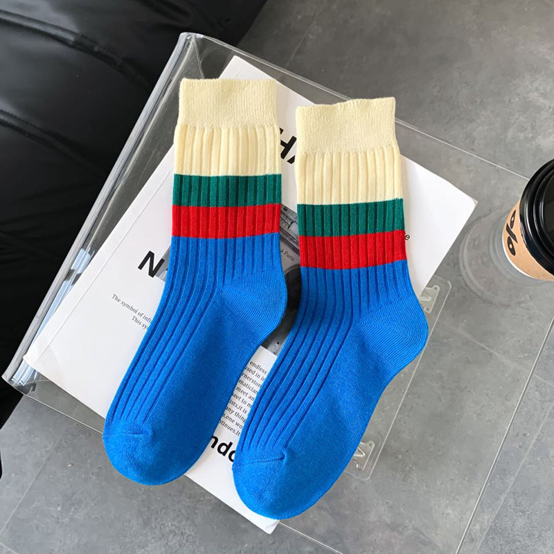 Socks Women's Red, Blue And Green Three-color Striped Trendy