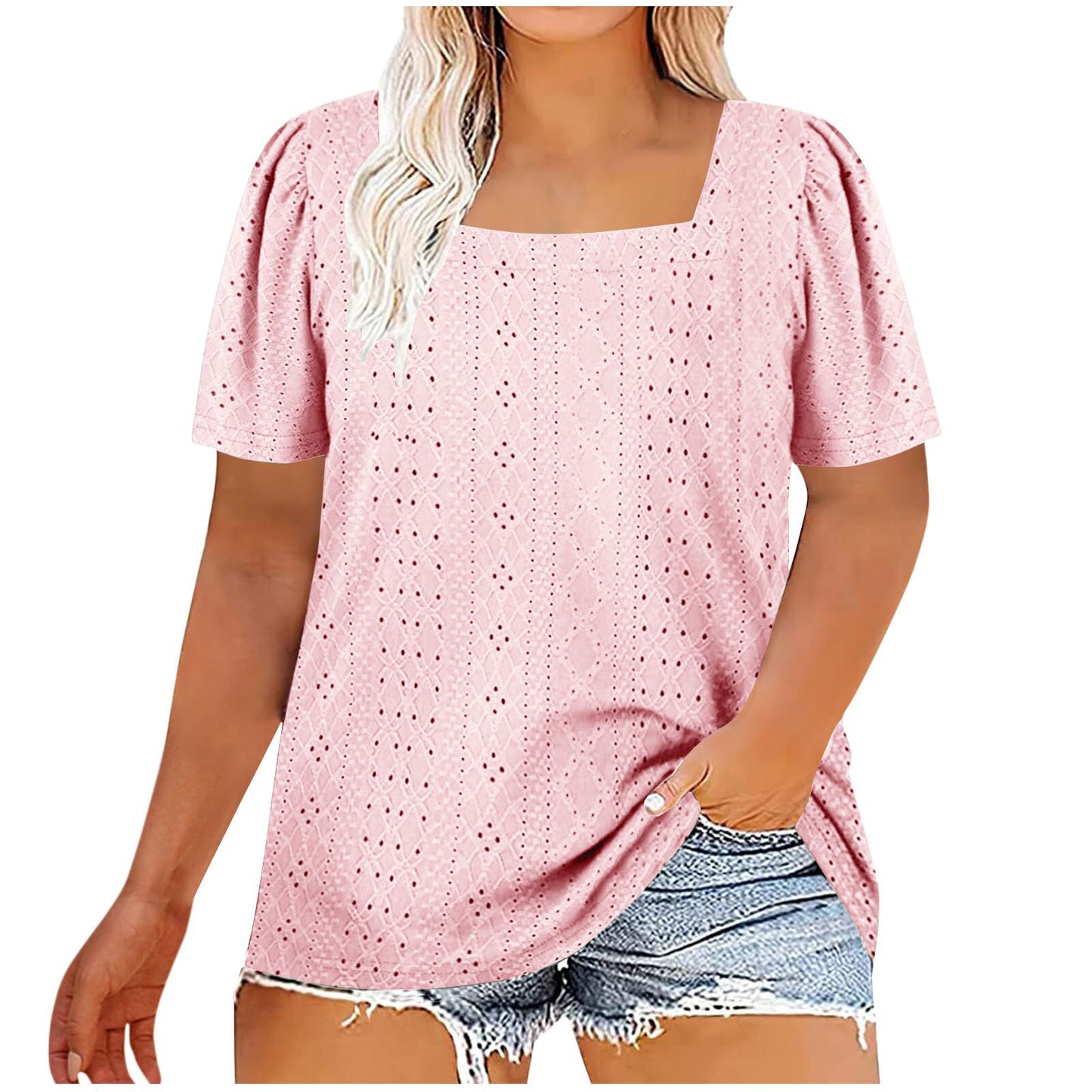 Casual U-neck Solid Color Hollow Loose-fitting T-shirt Top