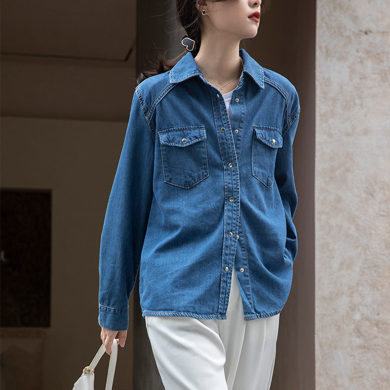 Retro Denim Shirt Niche Layering Blue Long Sleeve Top
