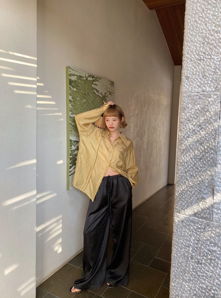 Women's Draping Loose Elastic Waist Drawstring Satin Casual Wide-leg Pants