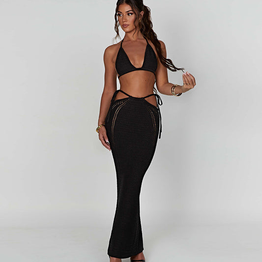 Halter Chest Wrap Hollow Out Stitching Self-tie Dress Suit