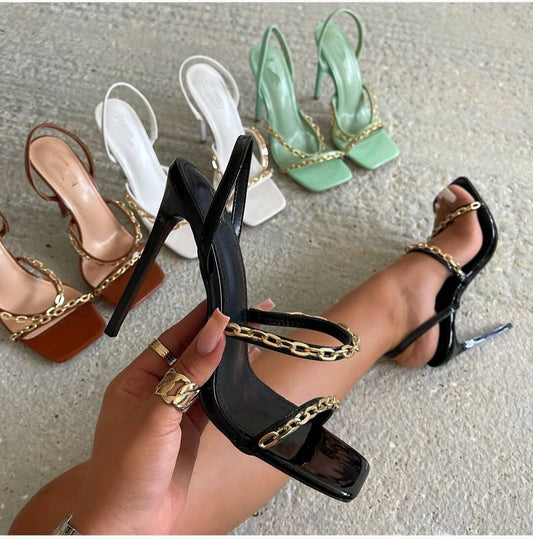 Women's Roman Sandals With Open-toed Square Toe Stiletto Heels With Chain Decoration