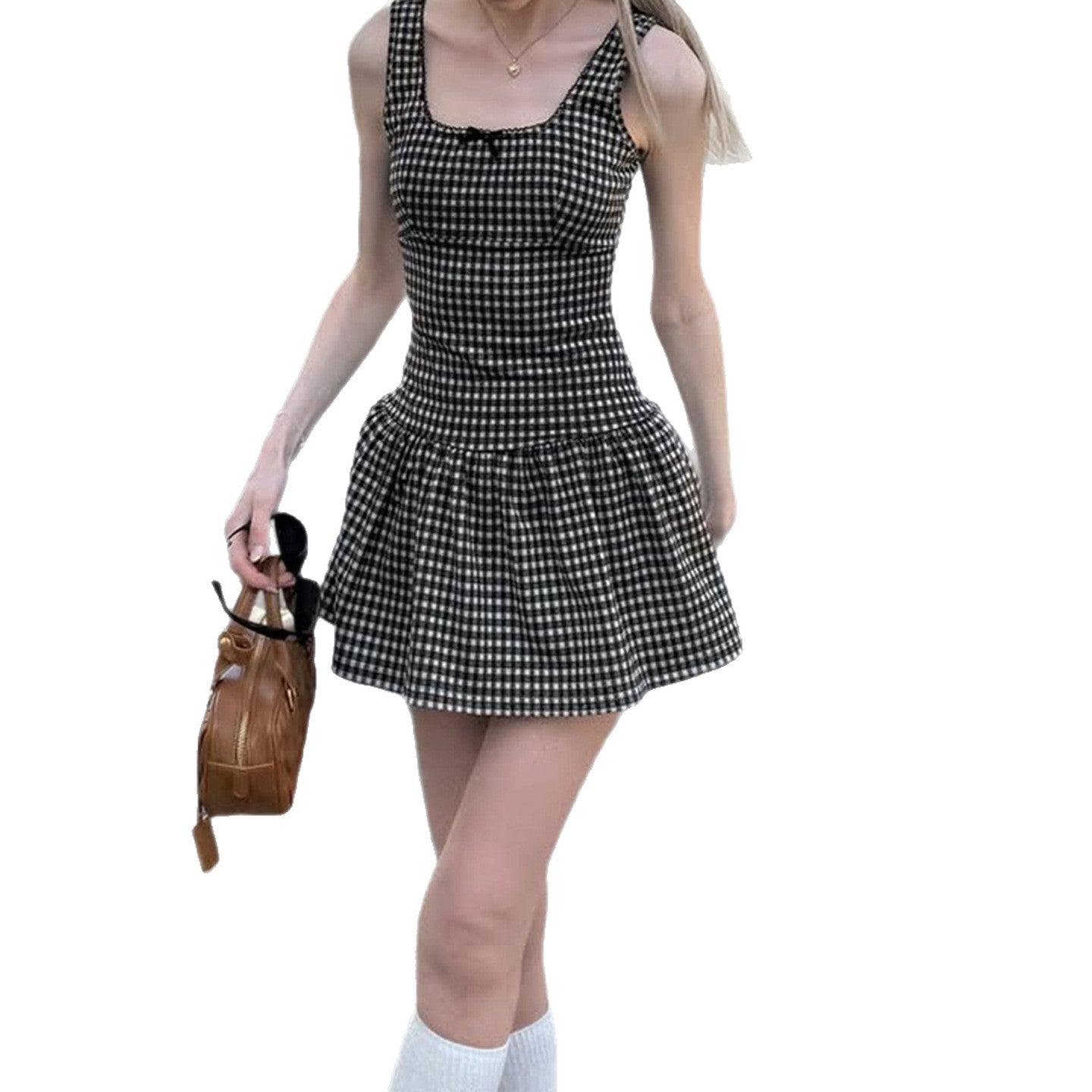 Womens Small-Plaid Square-Neck A-Line Dress