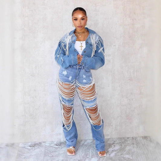 Fashionable Pearl-Chain Hand-Embroidered Beaded Denim Jacket