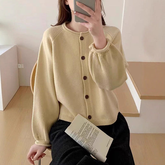 Autumn And Winter Simplicity Pure Color All-matching Vintage Knitted Cardigan