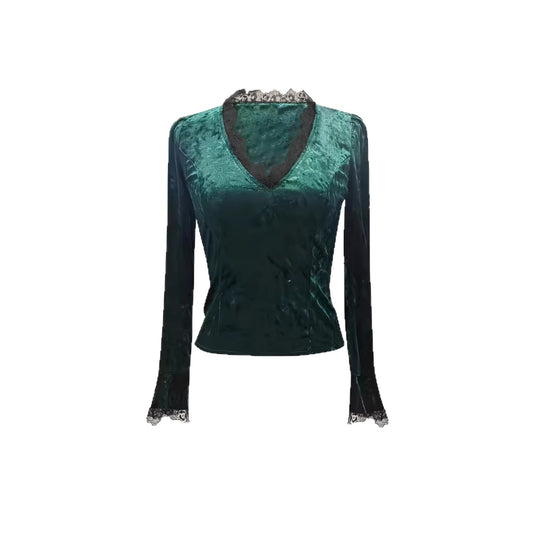 Elegant Sophisticated Solid-color Lace-trimmed Long-sleeve Top With Panel Detailing