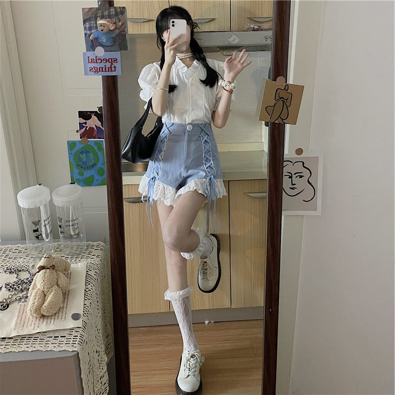 Women's Summer New Casual Lace Stitching Denim Shorts