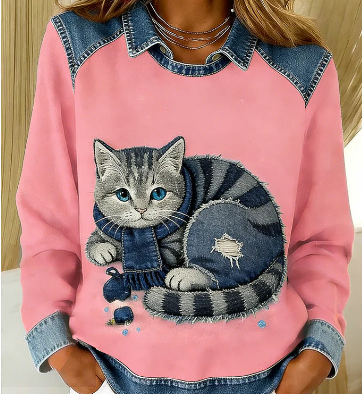 Womens Denim Crew-Neck 3D Digital Print V-Neck T-Shirt