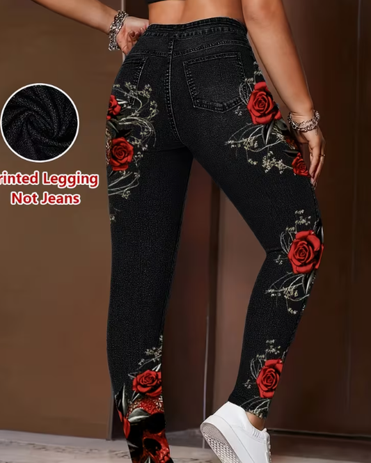 Dame Faux Denim Skinny Leggings med Helårstryk til Kvinder