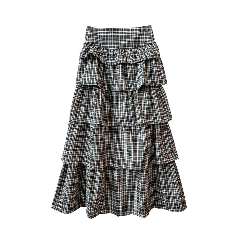 Sweet Retro Temperament Color-contrast Check Skirt For Women