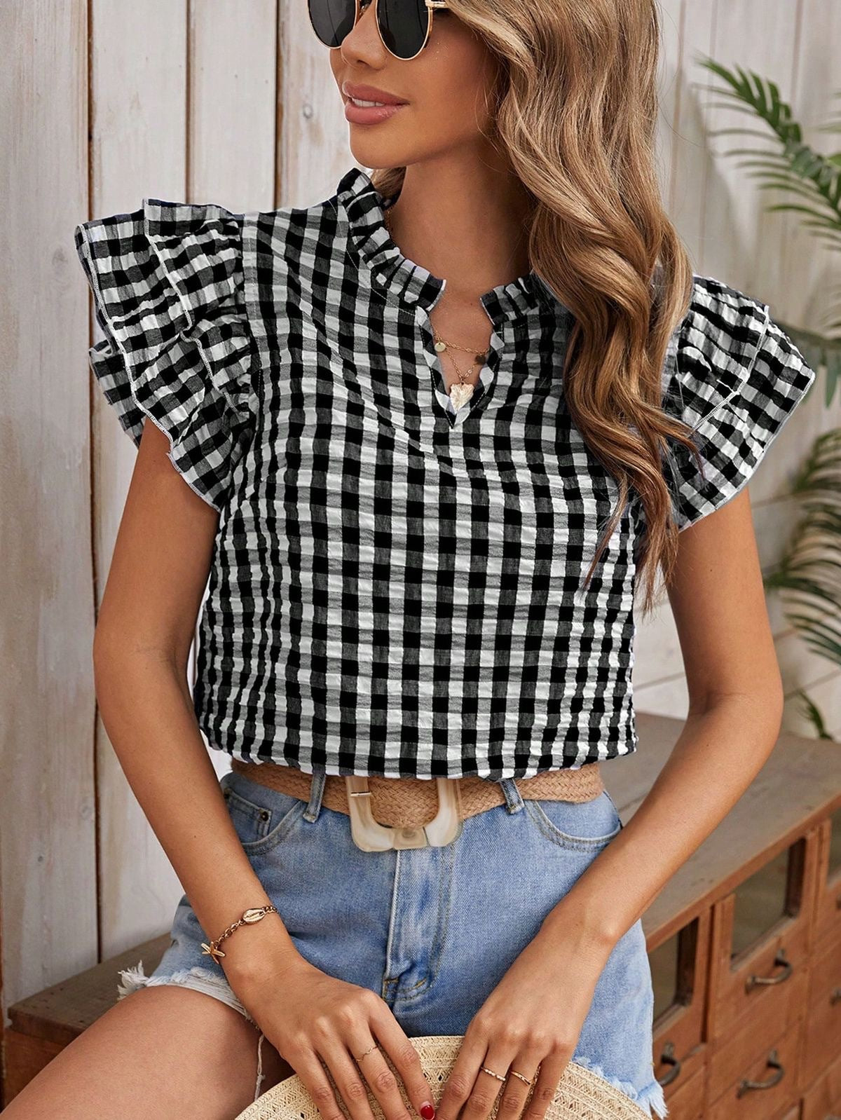 Womens Double-layer Ruffled Plaid Short-sleeve Top