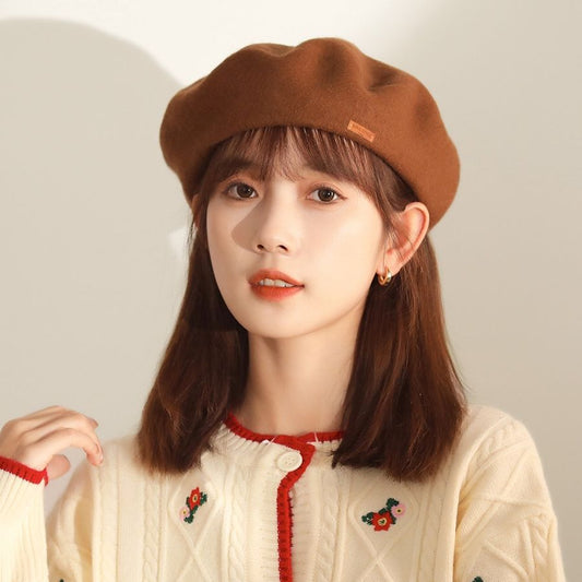 Solid Color Wool Beret Female Vintage Painter Hat