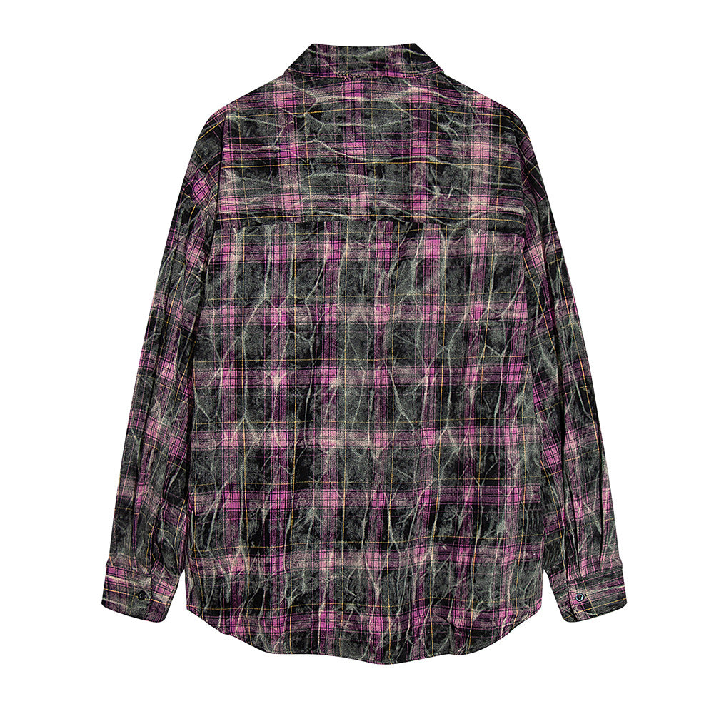 Tie-dyed Distressed Plaid Long-sleeved Shirt For Men