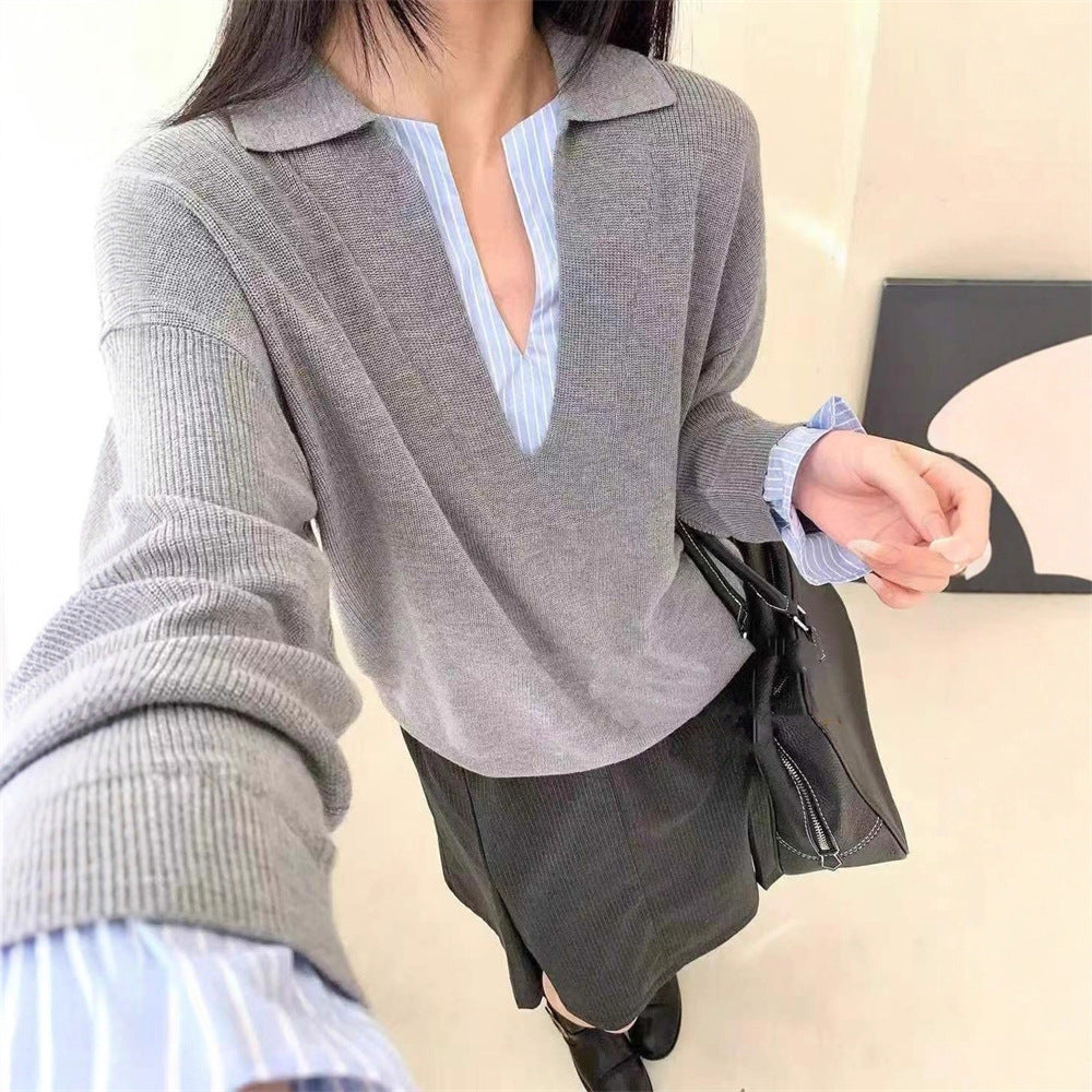 Temperament Pure Color Striped Stitching Korean Loose Casual Sweater