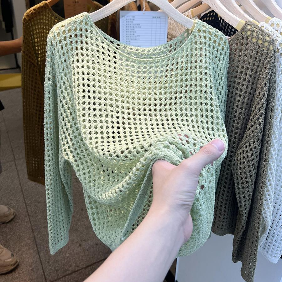 Sexy Pure Want To Wear Round Neck Long Sleeve Hollow Knitted Mesh Shirt