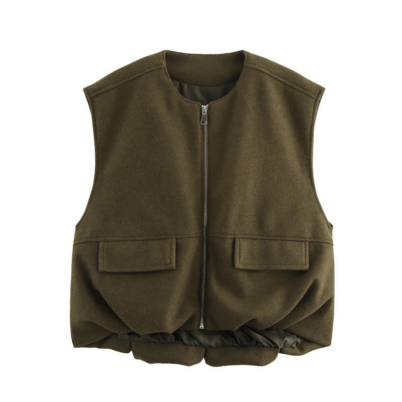 Loose Casual Sleeveless Pleated Loose Pockets Jacket