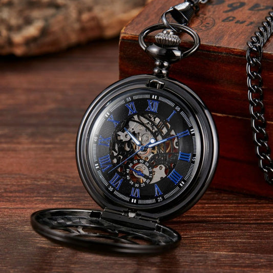 Gun-black Petal Blue-dial Mechanical Pocket Watch