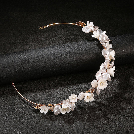 Golden Leaf Bridal Headwear Ceramic Flower Hair Ring