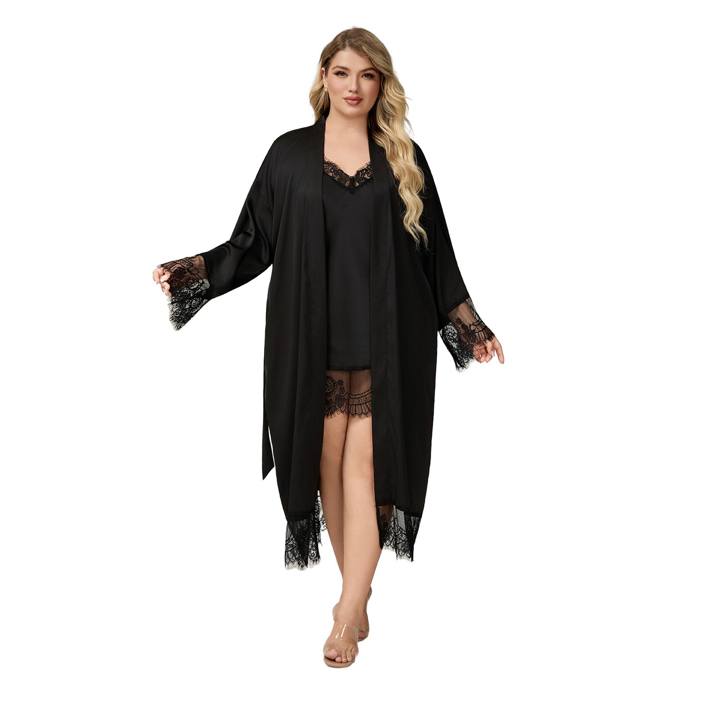 Womens Plus-Size Satin Chiffon Lace-trimmed Long-Sleeve Pajama SetPijama Robe