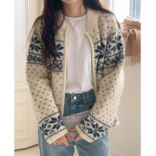 Retro Niche Round Neck Color Contrast Snowflake Jacquard Jacket