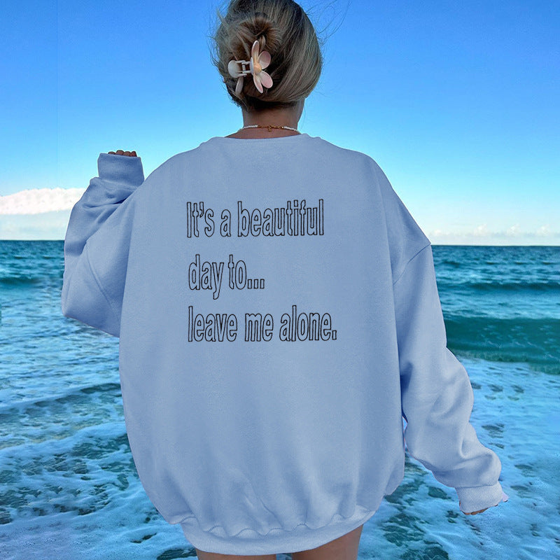 Ensfarvet all-match broderet pullover børstet løs sweatshirt