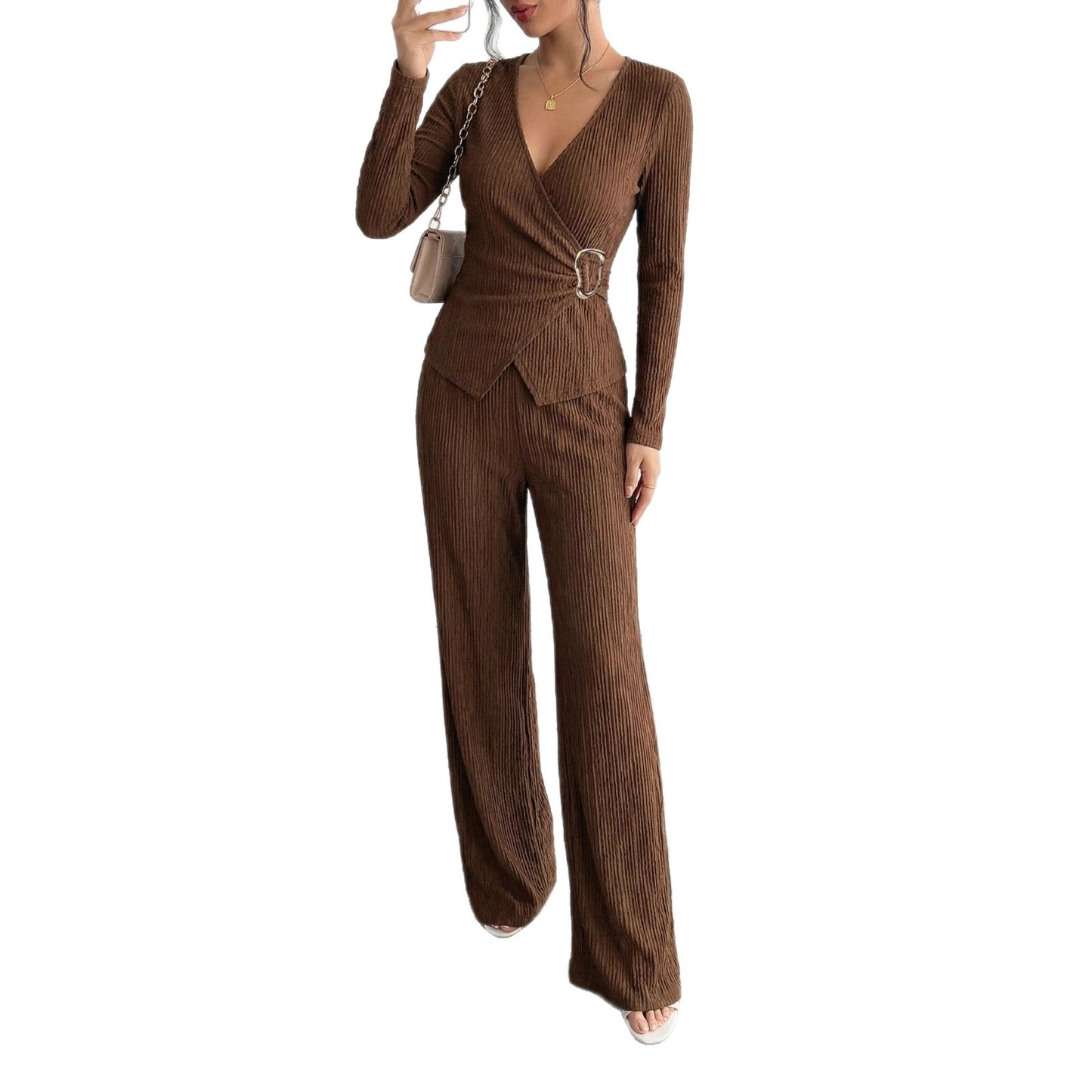 Womens Solid-Color V-Neck Cross-Over Long-Sleeve T-Shirt And Pants Set