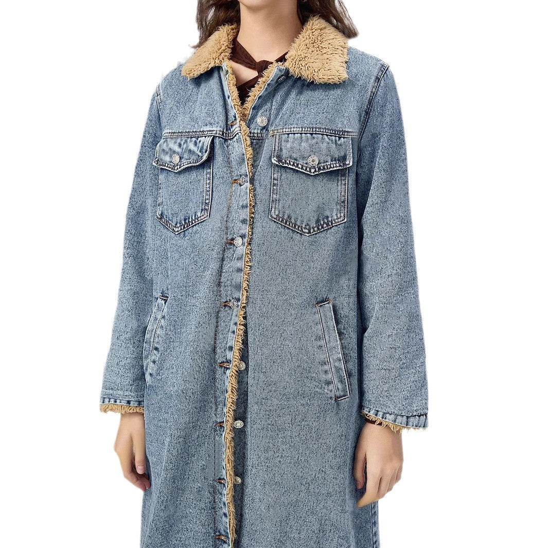 European And American Loose Long Velvet Lining Cotton-padded Coat Denim Coat