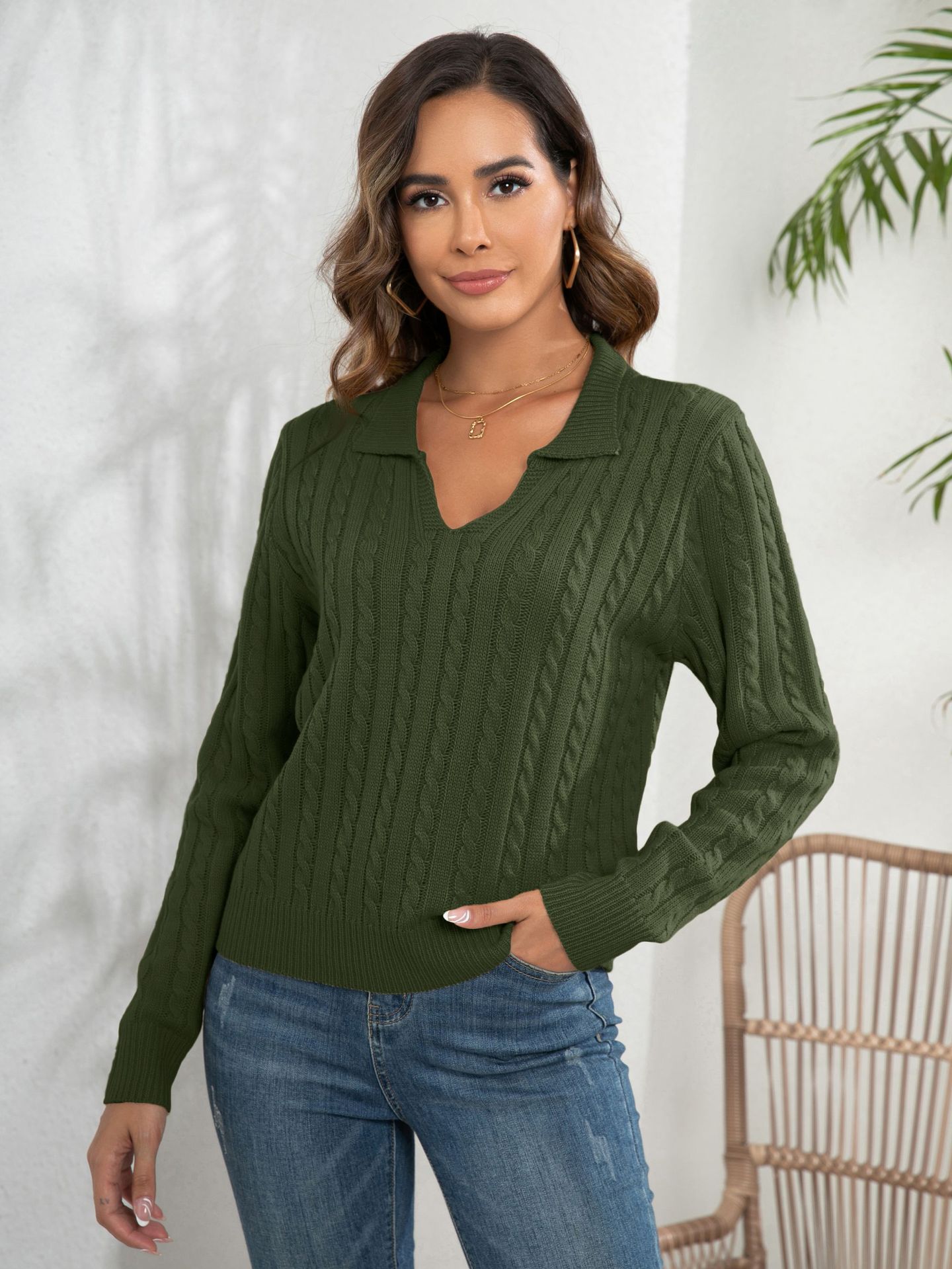 Women's Pullover Loose-fitting Long Sleeves Lapel Twist Sweater