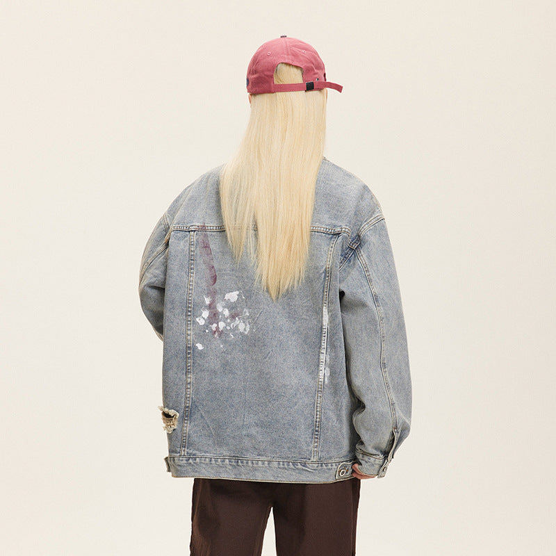 Washed Graffiti Ripped Denim Coat Design Jacket