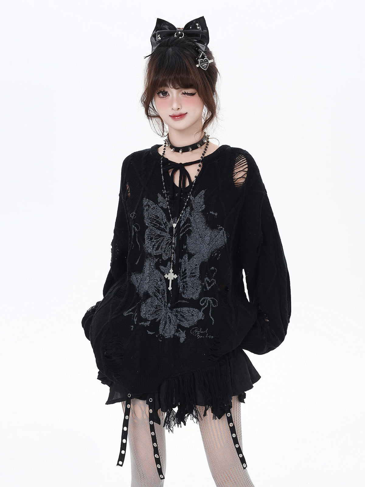 Ripped Retro Butterfly Printed V-neck Hollow Long Sleeve Knitted Sweater