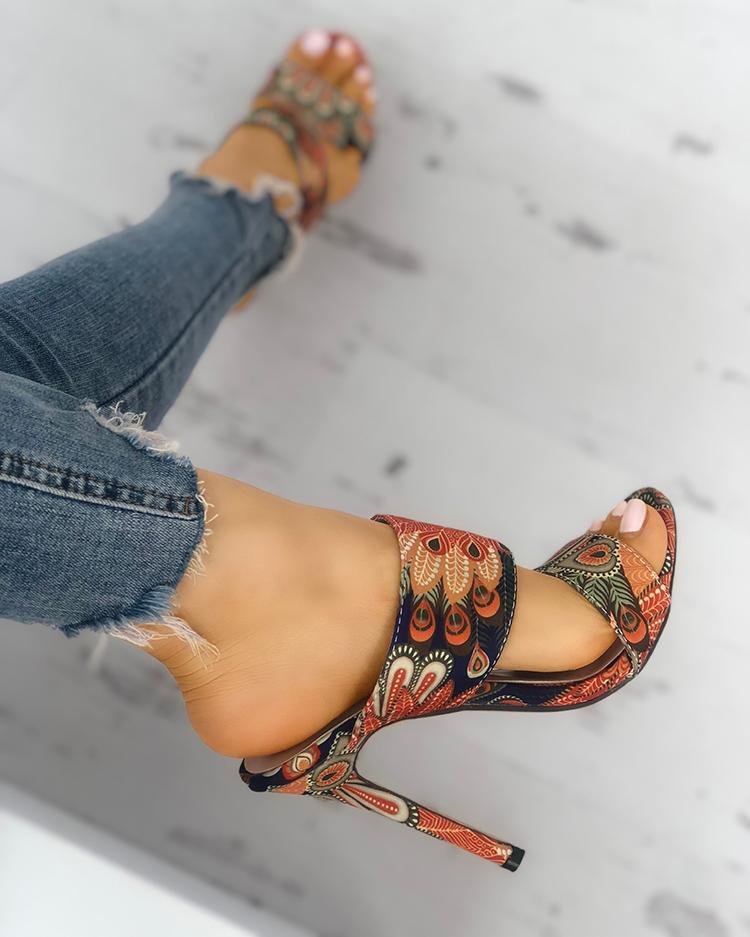 Peacock pattern stiletto sandals and slippers
