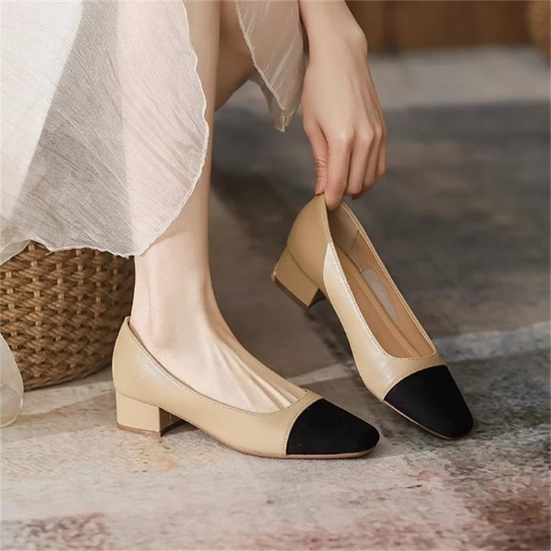 Franske bløde læder-patchwork Chanel-inspirerede pumps med blokhæl og firkantet tå til kvinder