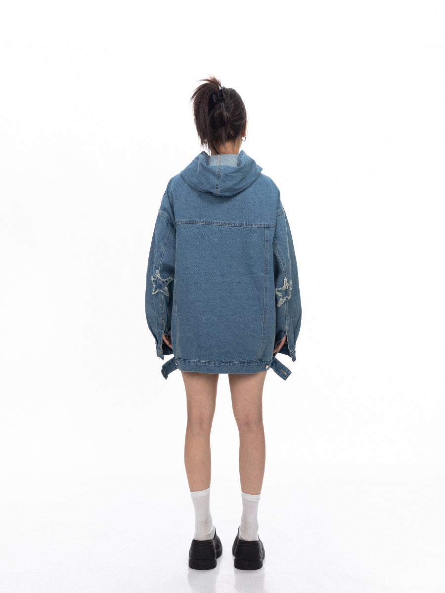 Retro Vasket Løs Hætte-Denimtop