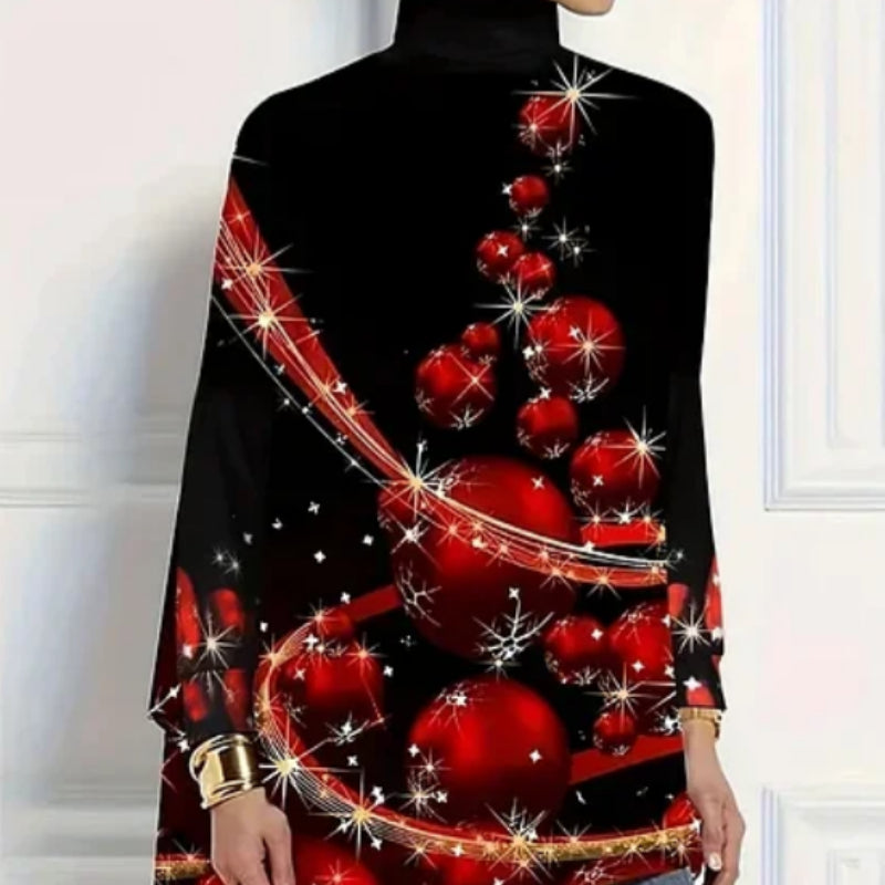 Christmas Tree Print Mid-Length Turtleneck Irregular Tops