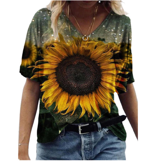 Butterfly Print Short Sleeve V-neck Ladies Loose