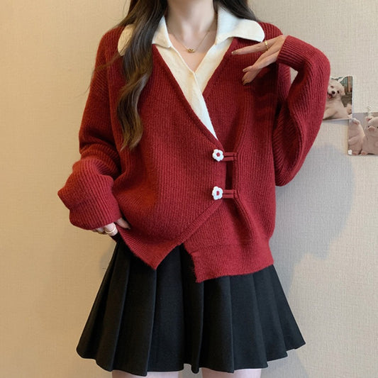 Chinese Style Red Irregular Sweater Coat For Women