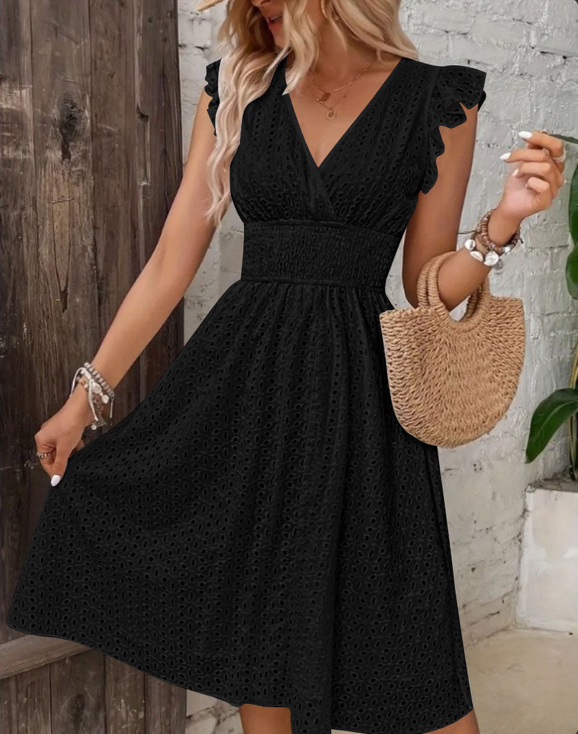 Lotus-Leaf Sleeve V-Neck Hollow-Out Embroidered Dress