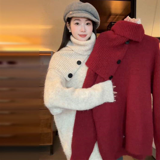 Premium Lazy Style High-neck Thick Sweater Women Loose Scarf Two-piece Set