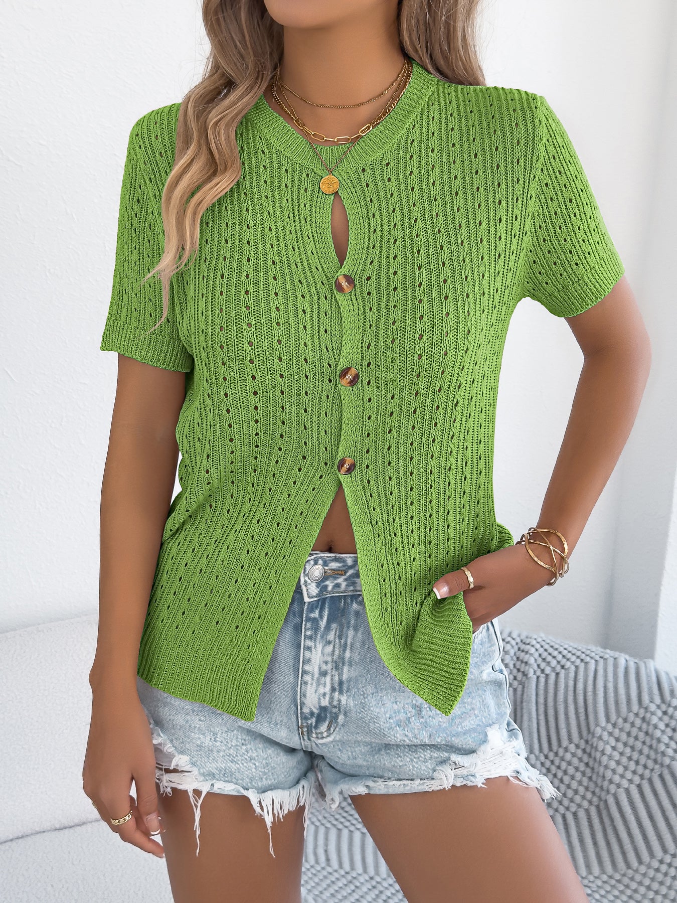 WomenS Solid Color Hollow Out Button Short Sleeve Knit Top