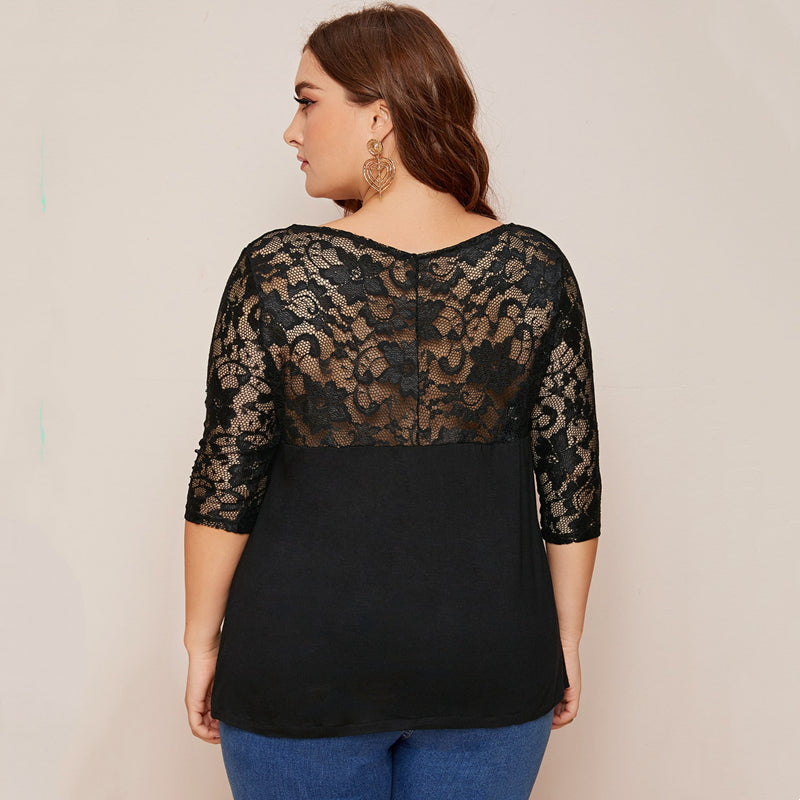 Lace Stitching Sleeve Five-point Sleeve T-shirt Top