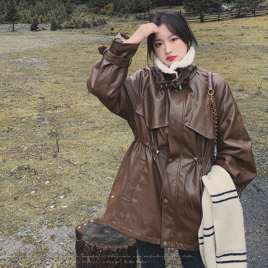 Women's New Leather Motorcycle Jacket Lamb Wool Coat