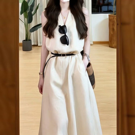 French-style V-neck Halter Sleeveless Tank Dress