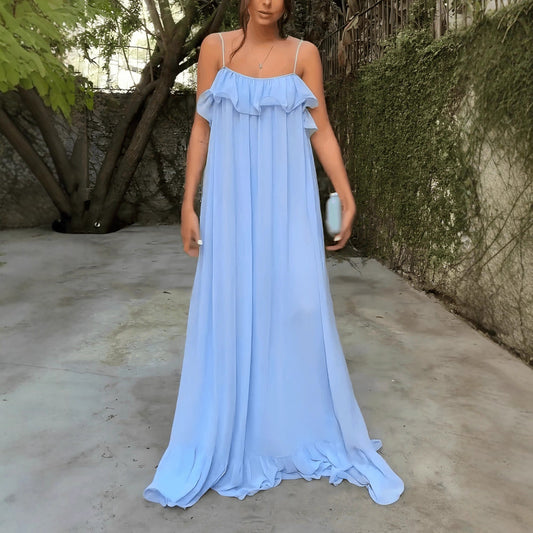 Off-the-shoulder Slip Dress With A Flared Ruffled Hem That Creates A Slimming Silhouette