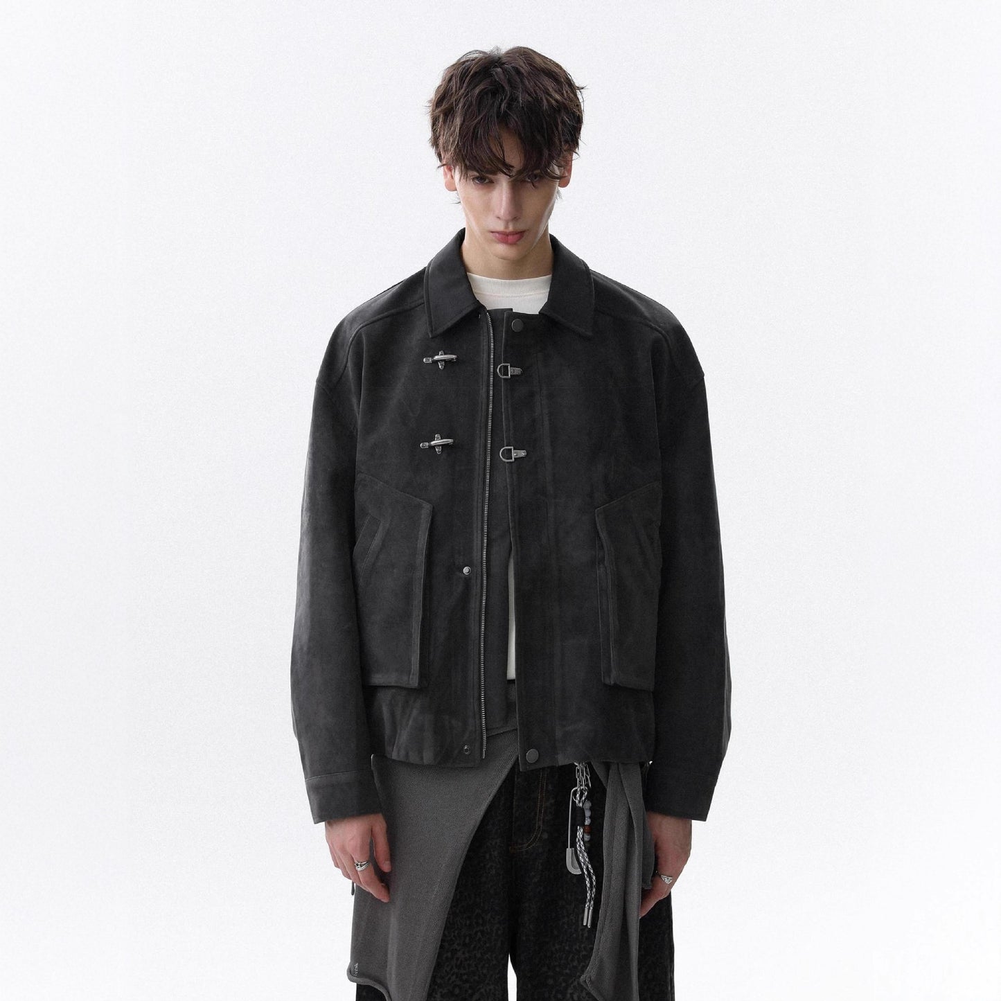Maillard Brown Leather Collar Airplane Button Jacket Men's Simple Casual Coat