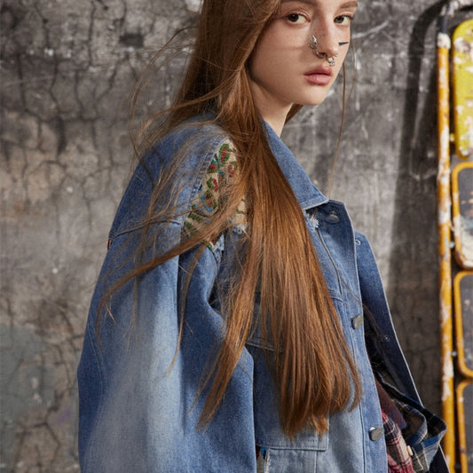Stitching Embroidery Frayed Hem Denim Jacket Men