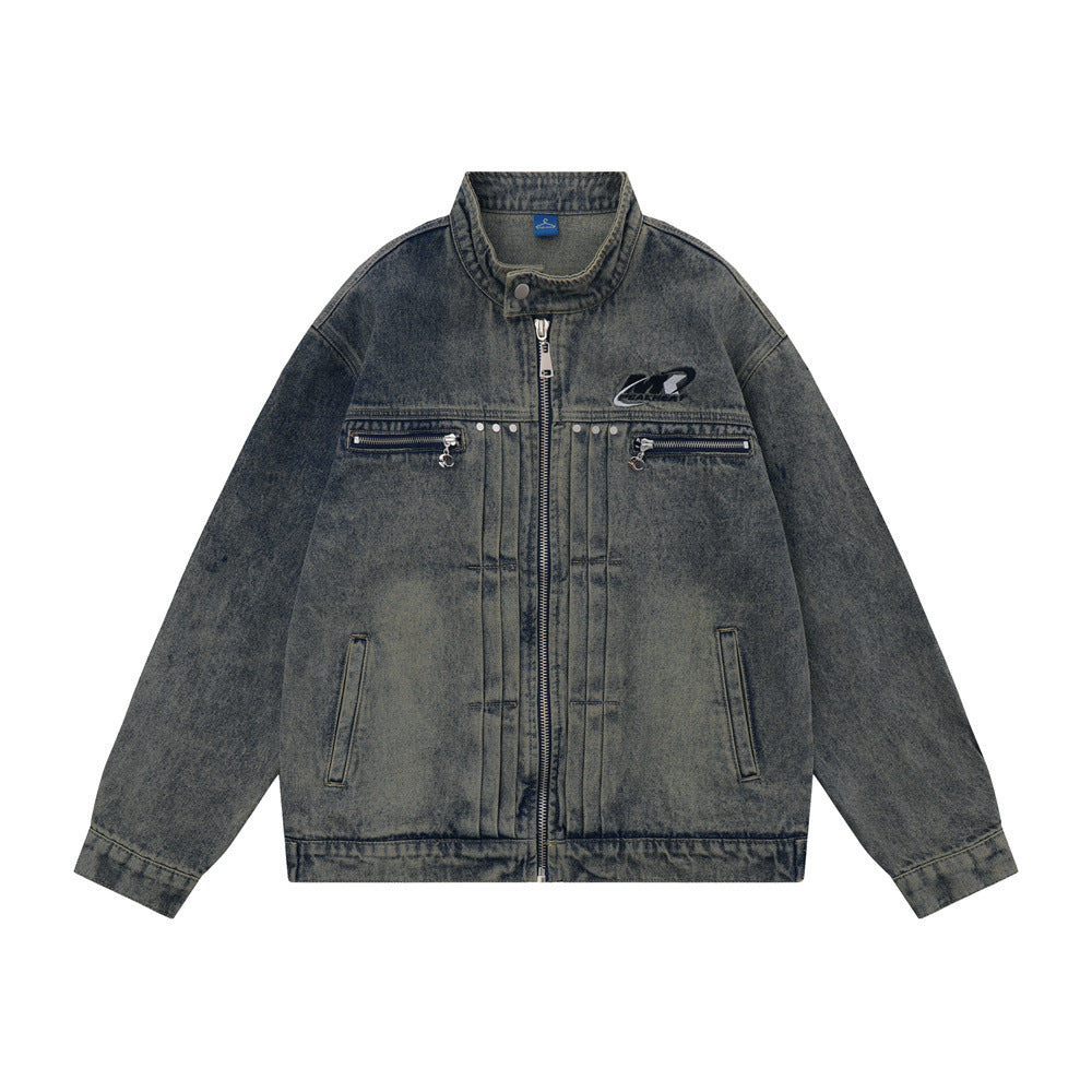 Washed And Worn Zipper Pocket Denim Jacket